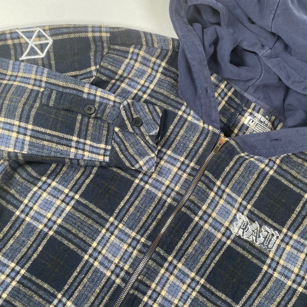 RawGear‎ Mens Plaid Flannel Full Zip Hoodie Shacket Embroidered Patches Blue Med